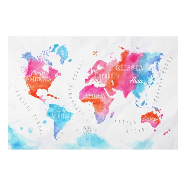 Obrazy do salonu Mapa świata akwarela czerwona niebieska