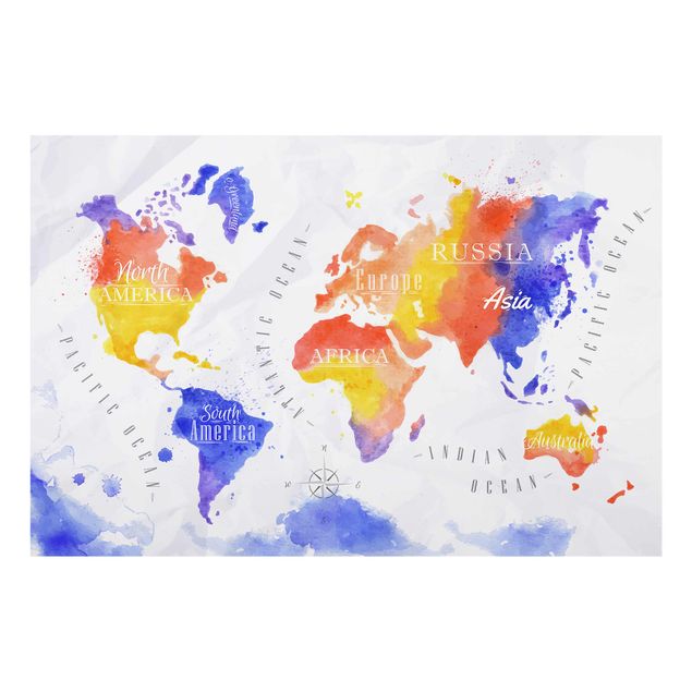 Obrazy do salonu nowoczesne Mapa świata akwarela fioletowy czerwony żółty