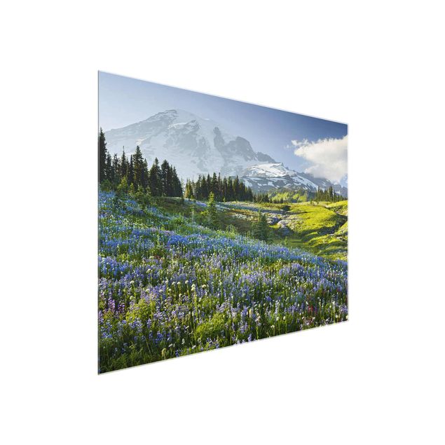 Obrazy na szkle krajobraz Mountain Meadow With Blue Flowers in Front of Mt. Rainier