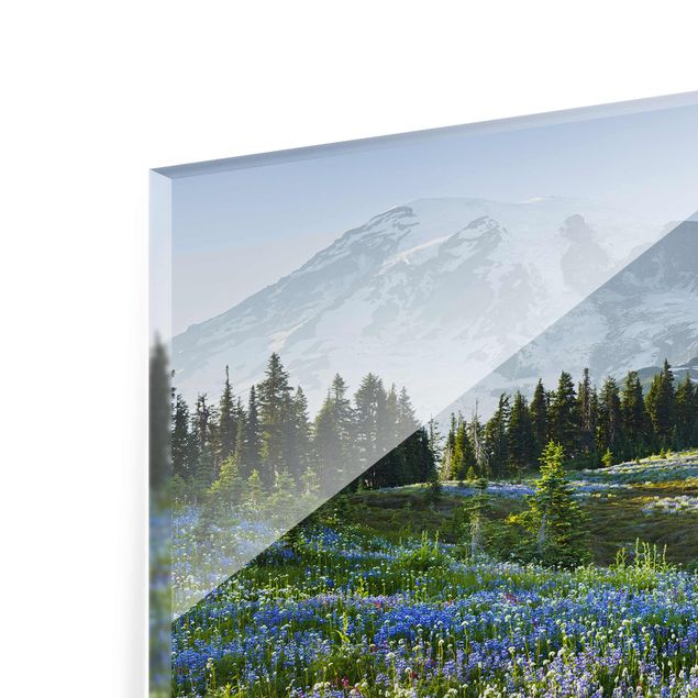 Góry obraz Mountain Meadow With Blue Flowers in Front of Mt. Rainier