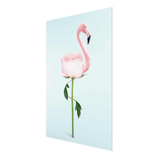 Obrazy na szkle zwierzęta Flamingo z różą