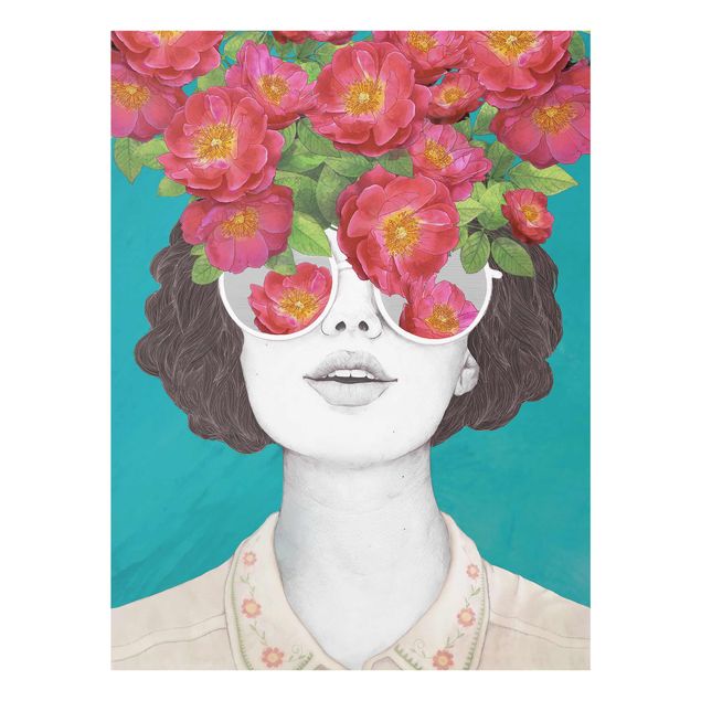 Obrazy do salonu nowoczesne Ilustracja portret kobiety Kolaż z kwiatami Okulary