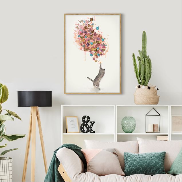 Obrazy w ramie do korytarzu Ilustracja kot z kolorowymi motylami malarstwo