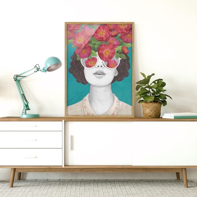 Obrazy w ramie do korytarzu Ilustracja portret kobiety Kolaż z kwiatami Okulary