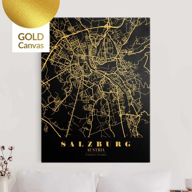 Obrazy do salonu nowoczesne Mapa miasta Salzburg - Klasyczna czerń