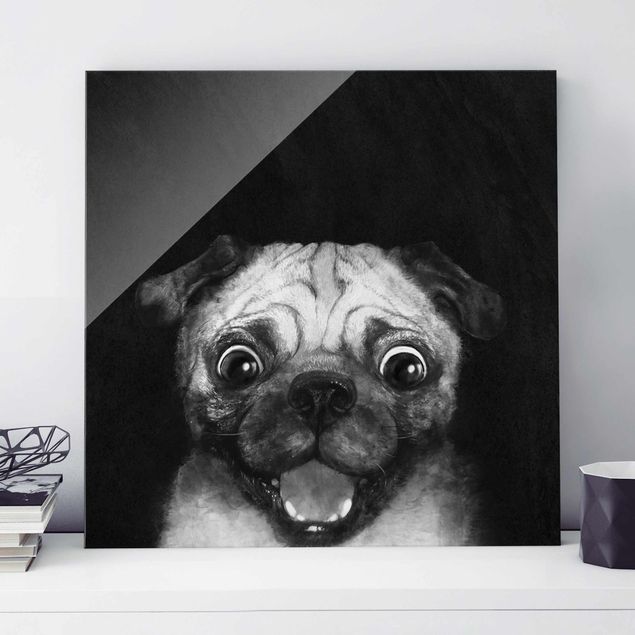 Obrazki czarno białe Ilustracja pies Pug malarstwo na czarno-biały