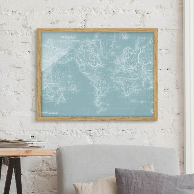 Dekoracja do kuchni Mapa świata w kolorze lodowego błękitu