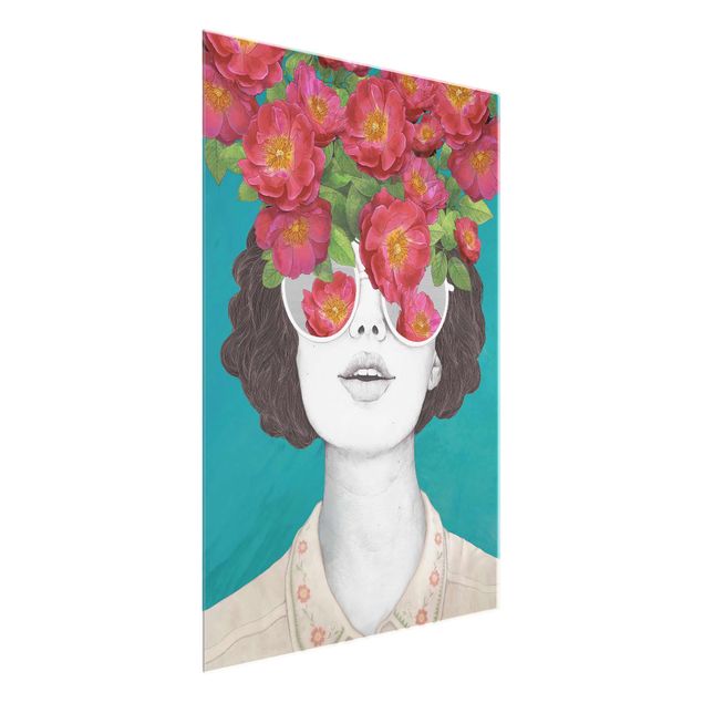 Obrazy na szkle artyści Ilustracja portret kobiety Kolaż z kwiatami Okulary