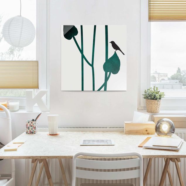Obrazy na szkle portret Graficzne życie roślin - ptak na liściu