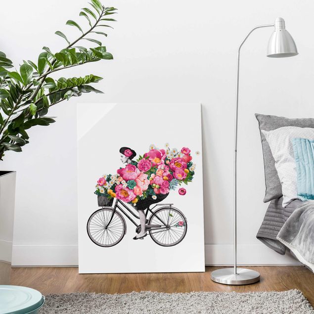 Obrazy na szkle artyści Ilustracja Kobieta na rowerze Kolaż kolorowych kwiatów