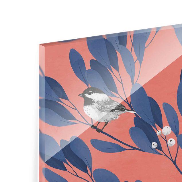 Obrazy nowoczesne Ilustracja przedstawiająca kota i ptaka na gałęzi Niebieskoczerwony