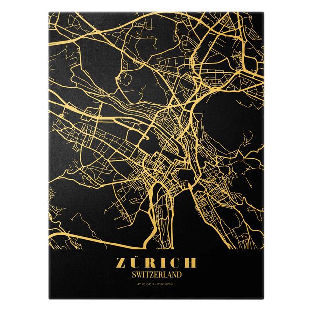 Obraz mapa świata Mapa miasta Zurych - Klasyczna czerń