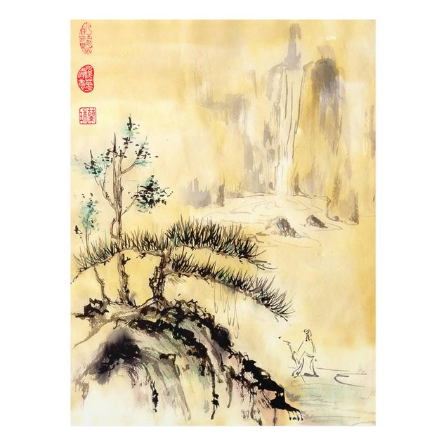 Obrazy do salonu Japońska akwarela Rysowanie cedrów i gór