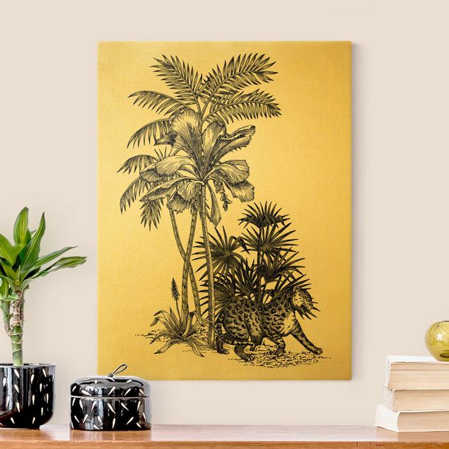Obrazy zwierzęta Ilustracja w stylu vintage - tygrys i drzewa palmowe