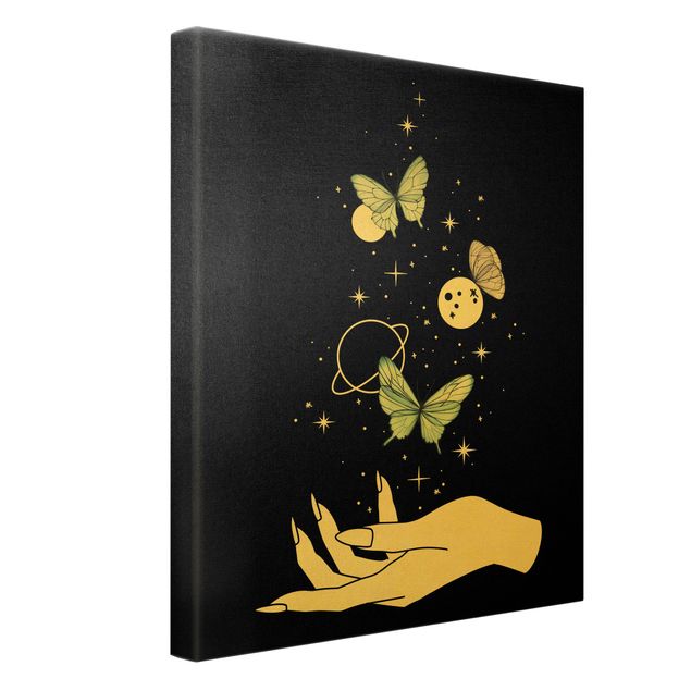 Złoty obraz na płótnie - Magiczna dłoń - Motyle i planety
