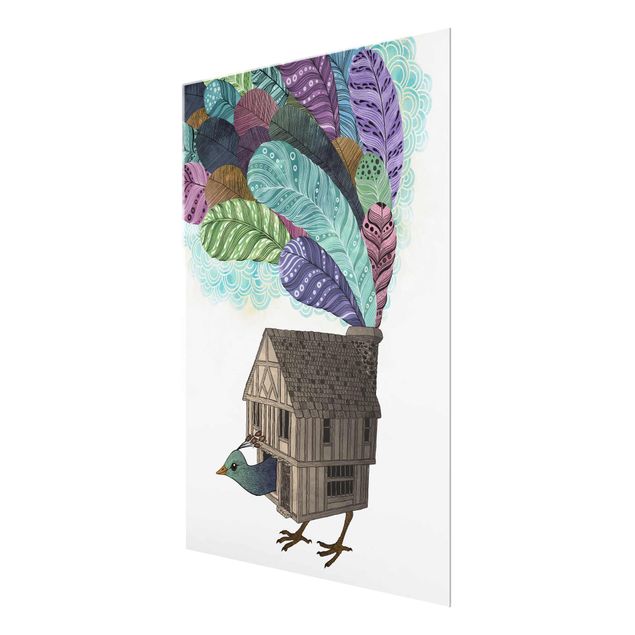 Obrazy na szkle zwierzęta Ilustracja domku dla ptaków z piórami