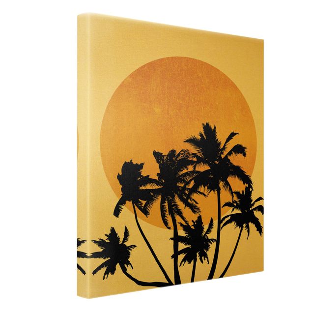 Obrazy z motywem kwiatowym Palmy na tle złotego słońca