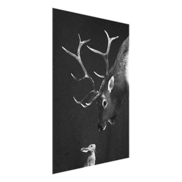 Obrazy do salonu nowoczesne Ilustracja Jeleń i zając Czarno-biały obraz