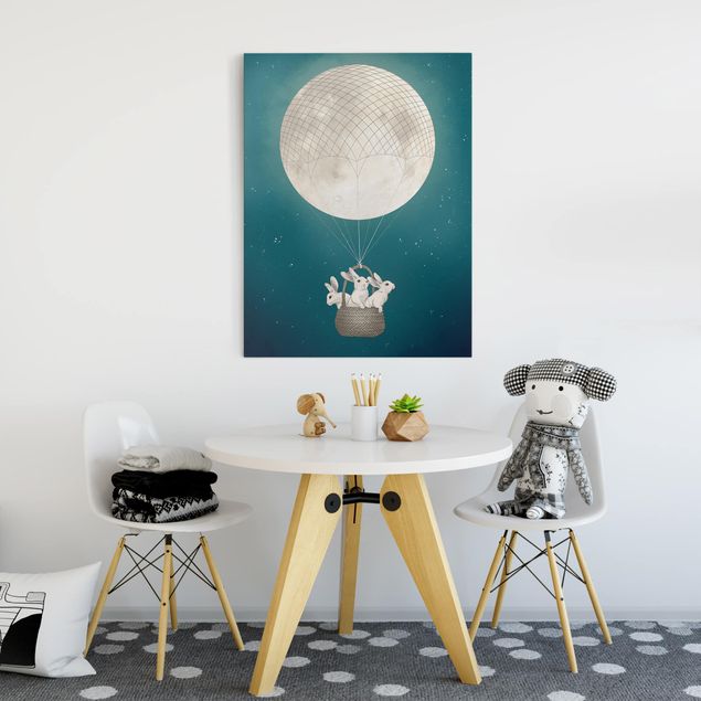 Obrazy do salonu nowoczesne Ilustracja królik Księżyc Balon na ogrzane powietrze Gwieździste niebo