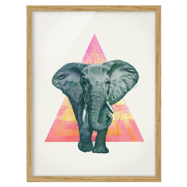 Obrazy w ramie do łazienki Ilustracja przedstawiająca słonia na tle trójkątnego obrazu
