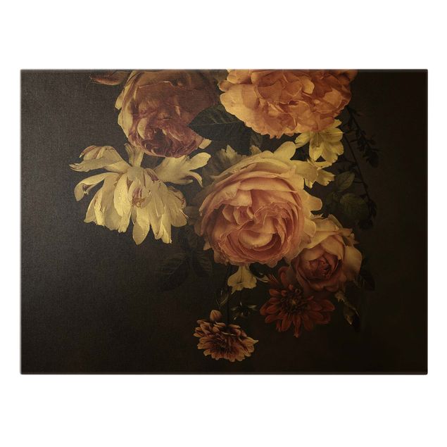 Obrazy z motywem kwiatowym Różowe kwiaty na czarnym tle Vintage
