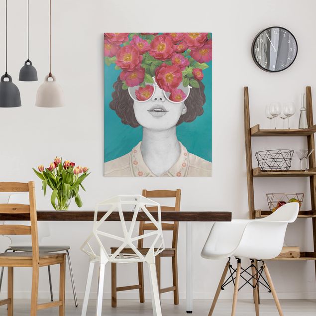Dekoracja do kuchni Ilustracja portret kobiety Kolaż z kwiatami Okulary