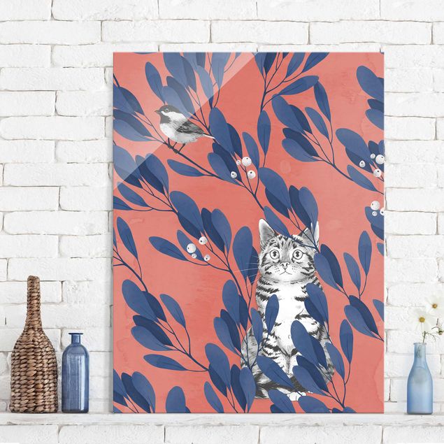 Obraz niebieski Ilustracja przedstawiająca kota i ptaka na gałęzi Niebieskoczerwony