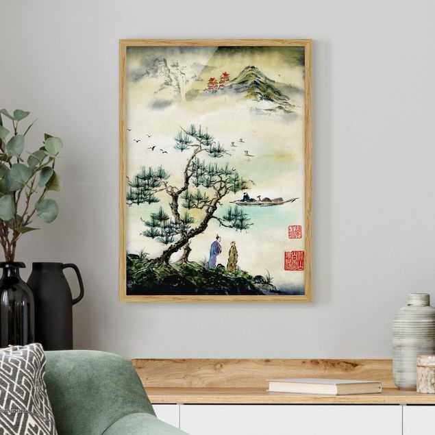 Dekoracja do kuchni Japońska akwarela Drzewo sosnowe i górska wioska