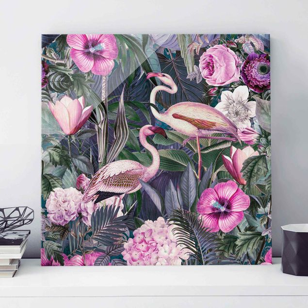 Obrazy na szkle róże Kolorowy kolaż - Różowe flamingi w dżungli