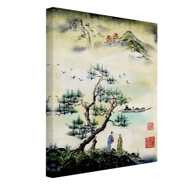 Obraz drzewo Japońska akwarela Drzewo sosnowe i górska wioska