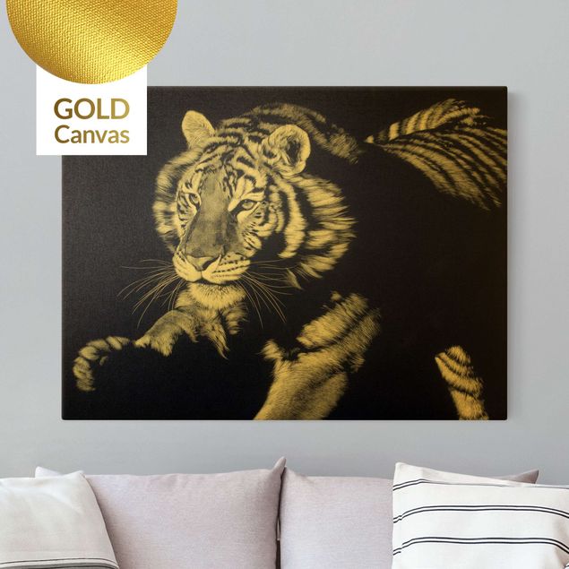 Obrazy nowoczesne Tygrys w świetle słonecznym na tle czarnego nieba