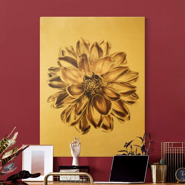 Obrazy z motywem kwiatowym Kwiat dalii Złoty metalik