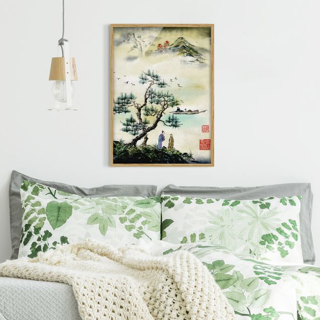 Obrazy w ramie do korytarzu Japońska akwarela Drzewo sosnowe i górska wioska