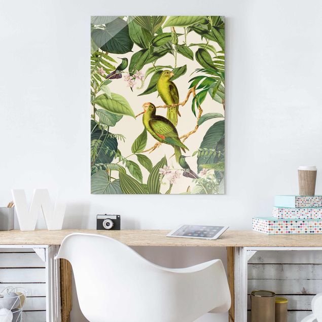 Obrazy na szkle zwierzęta Kolaże w stylu vintage - Papugi w dżungli