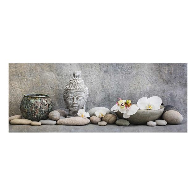 Nowoczesne obrazy do salonu Budda Zen z białymi orchideami