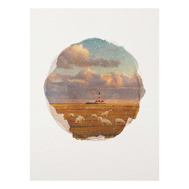 Obrazy na szkle krajobraz Akwarele - Latarnia morska na Morzu Północnym ze stadem owiec