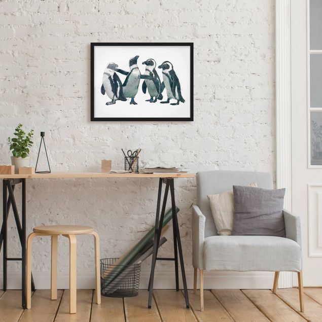 Obrazy w ramie do łazienki Ilustracja pingwinów czarno-biały Akwarela
