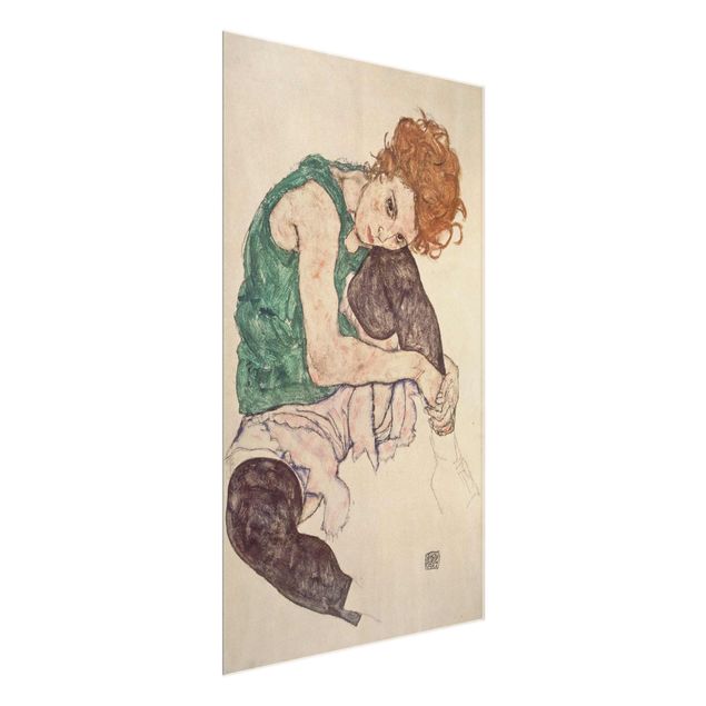 Obrazy na szkle portret Egon Schiele - Siedząca kobieta z podniesionym kolanem