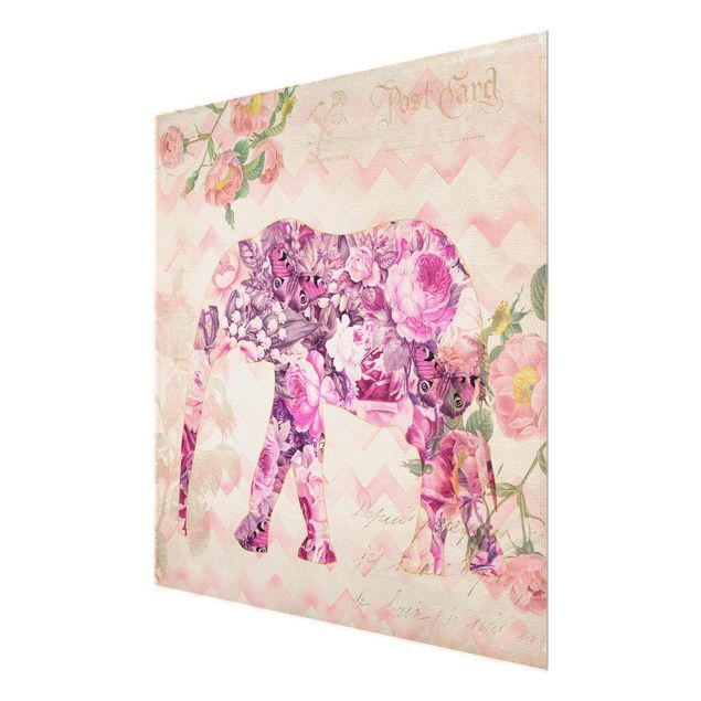 Obrazy na szkle zwierzęta Kolaż w stylu vintage - różowe kwiaty, słoń