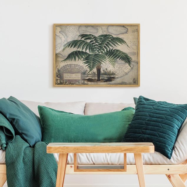 Obrazy w ramie do korytarzu Kolaż w stylu vintage - drzewo palmowe i mapa świata