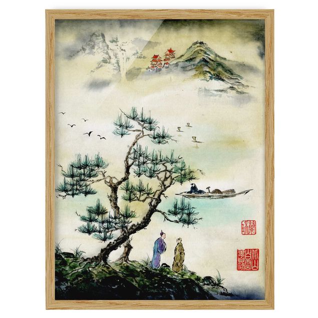 Obrazy w ramie do łazienki Japońska akwarela Drzewo sosnowe i górska wioska