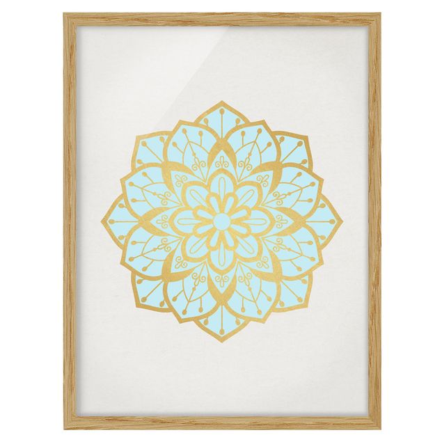 Obrazy w ramie do kuchni Mandala Ilustracja kwiatowa jasnoniebieski złoty