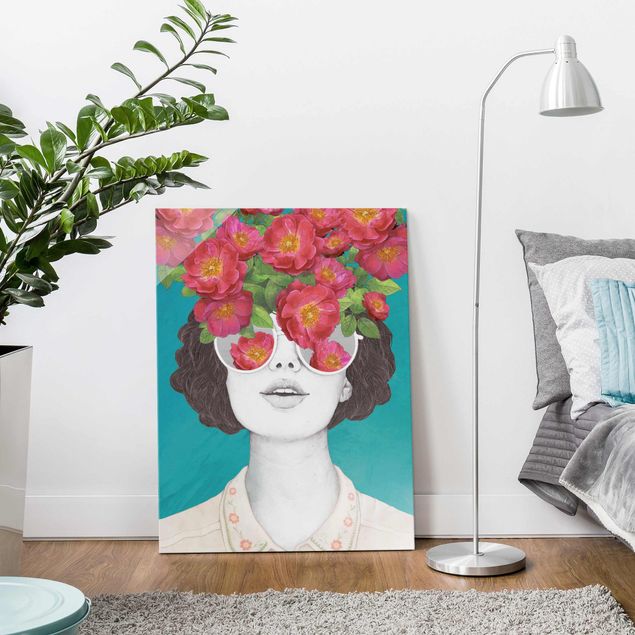 Obrazy na szkle róże Ilustracja portret kobiety Kolaż z kwiatami Okulary