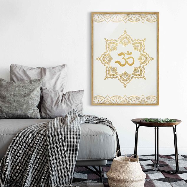 Obrazy w ramie do łazienki Mandala OM Ilustracja Ornament z białego złota