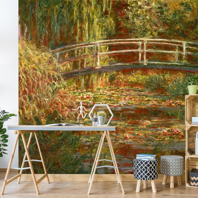 Fototapety róże Claude Monet - Staw z liliami wodnymi i japoński mostek (Harmonia w różu)
