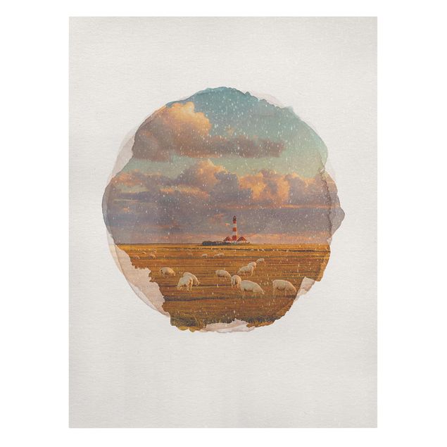 Obrazy krajobraz Akwarele - Latarnia morska na Morzu Północnym ze stadem owiec