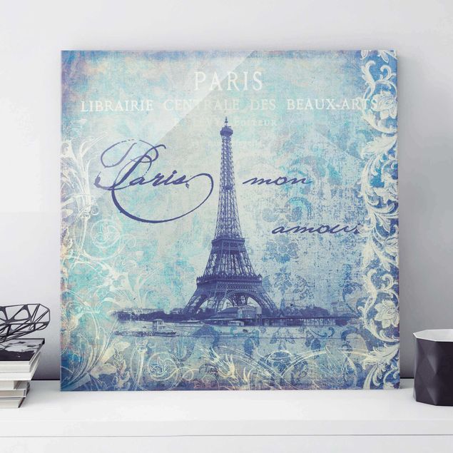 Obrazy na szkle architektura i horyzont Kolaż w stylu vintage - Paris Mon Amour