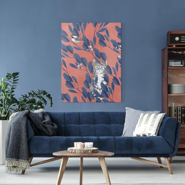 Dekoracja do kuchni Ilustracja przedstawiająca kota i ptaka na gałęzi Niebieskoczerwony