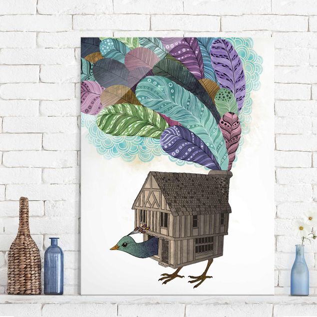Obraz turkusowy Ilustracja domku dla ptaków z piórami