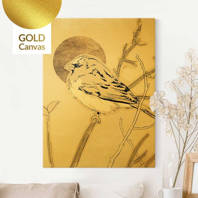 Obrazy do salonu nowoczesne Ptak na tle złotego słońca IV